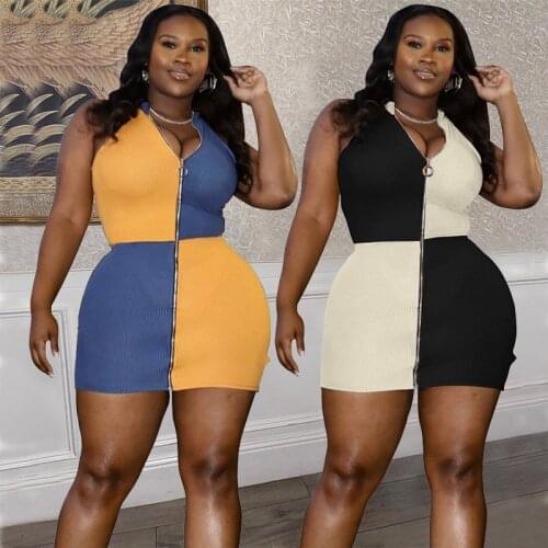 2021 Summer Tight Sexy Dress European and American Plus Size Womens Dress Summer Fashion Stitching Zipper Sexy Womens Dress