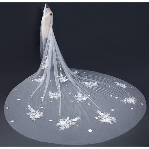 Mingli Tengda Bride Bridal Veil Cathedral Wedding Accessories Appliqued Lace Flowers Series Elegant Woman Headdress Velo 4M Long