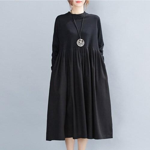 2021 New Arrival Long Sleeve Autumn Dress Solid Color Japan Style Chic Patchwork Black Dress Women Spring Casual Long Dress