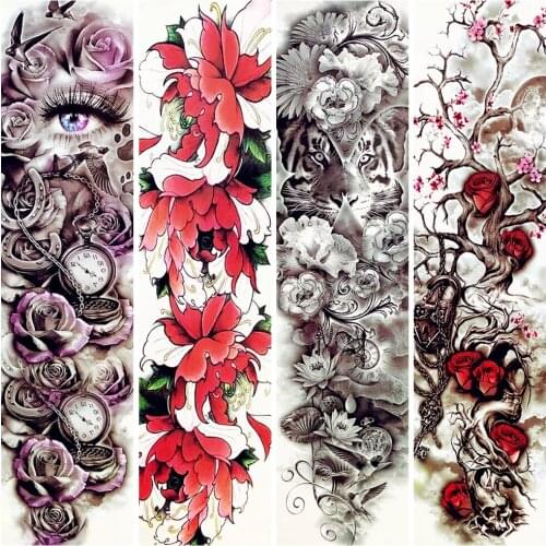 New Large Arm Flower Lotus Waterproof Tattoo Stickers 48x17CM Women Fake Water Transfer Temporary Tattoo Black Decal Men Tattos