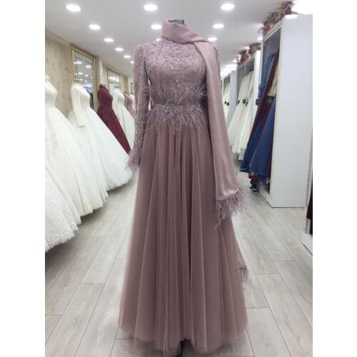 Chiffon Feather Beaded Long Sleeve Muslim Prom Dress High Neck A Line Saudi Arabic Evening Formal Party Gowns платье 2021