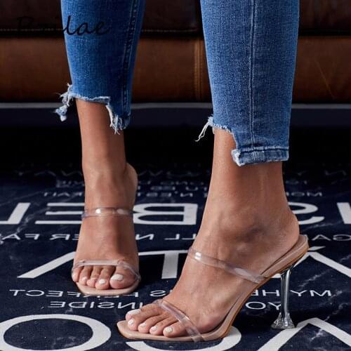 Pzilae Fashion clear strap slippers shoes women PVC transparent heel slippers square toe slip on slides ladies shoes size 35-42