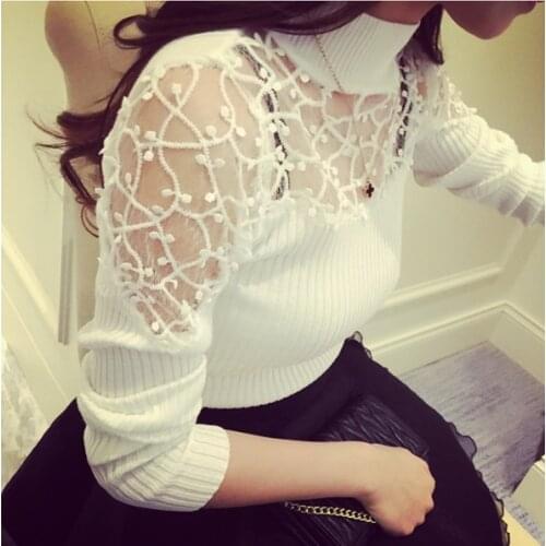 Spring and Autumn Crocheted Long-Sleeved T-shirt Womens Lace Turtleneck Top Clothes