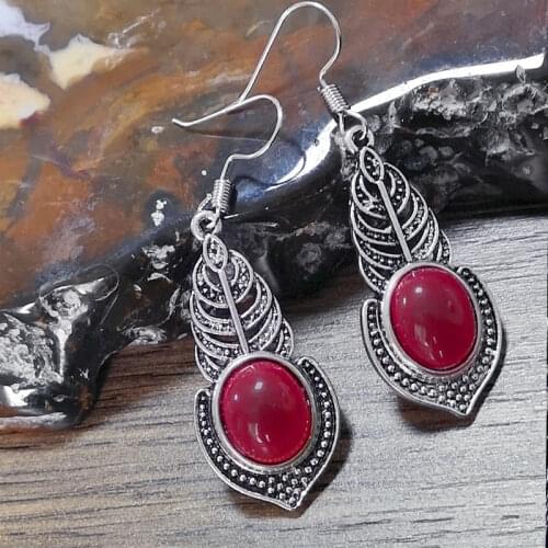 Vintage Silver Wedding Feather Brincos Simple Red Earrings For Women Unique Graceful Christmas Gifts Big Stone Large Earings