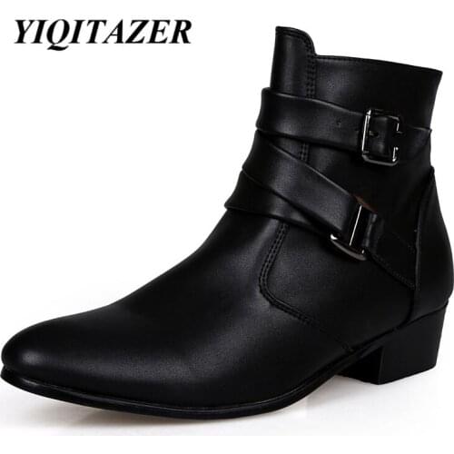 YIQITAZER 2017 New Fashion Ankle Motorcycle Boots Men,Rubber Soles Pointed Toe PU Cowboy Shoes Man Military boots Black White