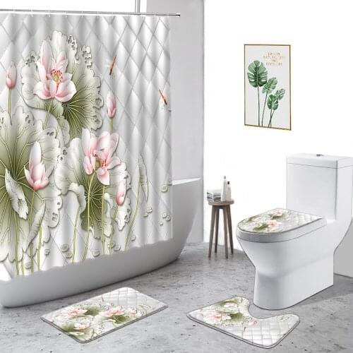 Chinese Style Shower Curtain Poetic Lotus Koi 3D Printing Bathroom Decor Set Non-Slip Carpet Toilet Cover Bath Curtain With Hook