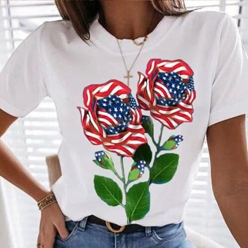 Women Summer Loose T-Shirt Casual American Flag Rose Print Short Sleeve Round Neck Tops Classic White Tee