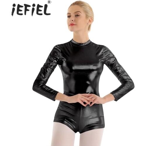 Womens Adult Ballerina Dance Costumes Biketard Shiny Metallic Dancewear Keyhole Back Gymnastics Leotard Turnpakje Dance Bodysuit