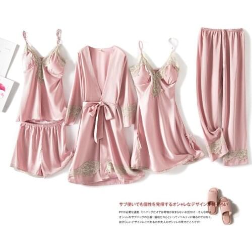 Women 5PCS Sweet Blue Pajamas Suit Spring Autumn Sexy V-Neck Strap Top&Pant Lounge Home Clothes Lace Trim Faux Silk Nightwear