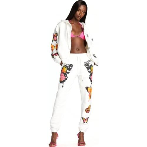 2 Pieces Sport Suit Set for Women Butterfly Printed Female Clothes Zipper Up Hoodies Coats Pants White Black Street Wear