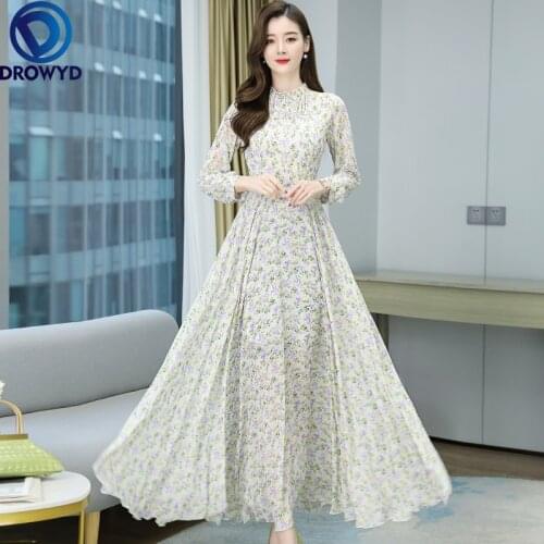 2021 Summer New Arrival High Quality Plus Size S-4XL Stand Collar Flower Printed Long Sleeve Women Chiffon Long Dresses Vestidos