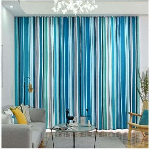 Blue stripe curtains simple modern style personalized lines living room bedroom bay window French window thickened curtains