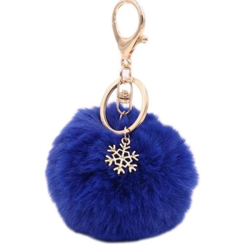 Pom Pom Keychain with Snowflake Pendant Charms Furry Fluffy Plush Ball Keyring J78E