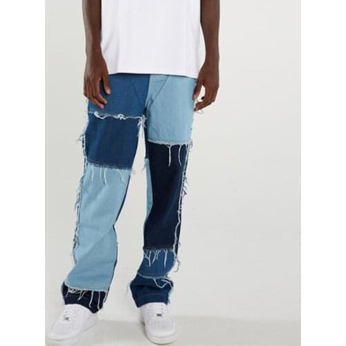 Hip Hop Tassel Patchwork Jeans Men Harajuku Loose Washed Straight Denim Pants Mens Splice Fashion Streetwear Cowboy Trousers