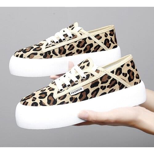 2021 Fashion Women Sneakers Canvas Shoes Women Casual Shoes Female Lace Up 4cm heel Leopard Tenis Trainers Chaussure