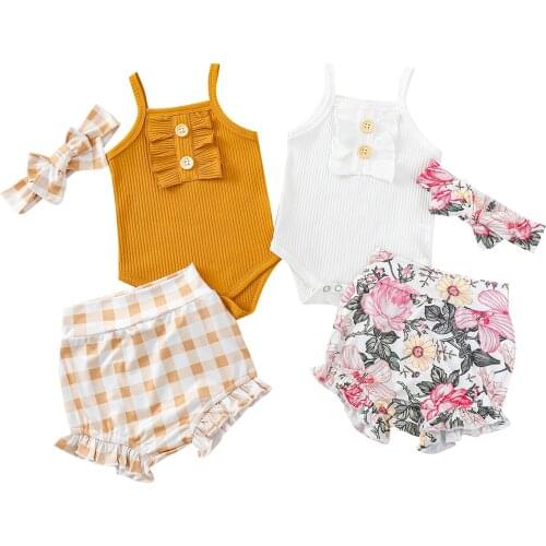 Baby Girls Two-piece Clothes Set, Sleeveless Boat Neck Romper, Printed Pattern Shorts and Headdress, White/ Ginger