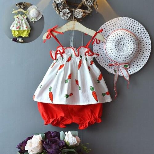 Thunderers Summer Printed Girl Clothing Set Backless Vest With Short Pants Children 2pcs Outfits With Hat Casual Kids Wear