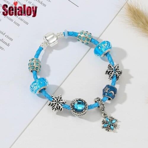 Seialoy Summer Cyan Leather Bracelets For Child Snowflake Pendant Stars And Moon Luminous Glass Beads Bracelet For Boy Girl Gift