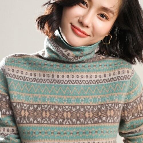 Hot Sale Print Flower Fashion Pullovers Women 100% Pure Wool Knitted Sweaters Women Bohamian 6Colors Turtleneck Knitwear Ladies