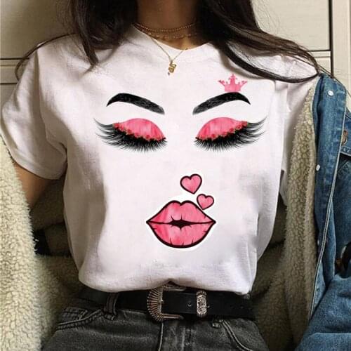 Fashion Women T Shirt Flower Eye Lashs Heart Mouth Print Graphic T-shirt Female Cute Short Sleeve Tops Tee Women Summer T-shirts