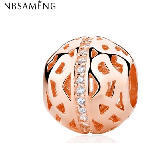 New 100% 925 Sterling Silver Bead Charm Rose Gold Hollow Heart Crystal Pendant Charms Fit Bracelets DIY Women Jewelry