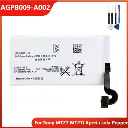 Original Phone Battery AGPB009-A002 For Sony MT27 MT27i Xperia sola Pepper Replacement Batteries 1265mAh With Free Tools