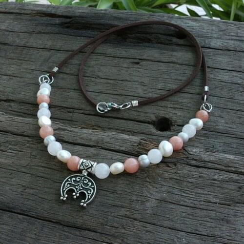 8mm Freshwater Pearls With Color Stones Beads Necklace, slavic Ethnic Jewelry, Lunula pendant Moon Crescent Necklace pendant