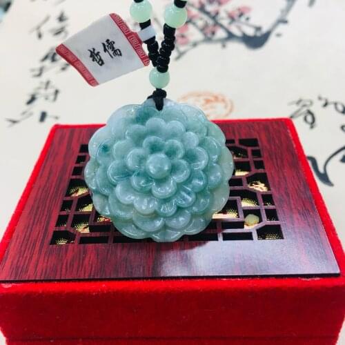Zheru pure natural Jadeite carved light green peony flower pendant with green bead chain sweater chain Send A certificate