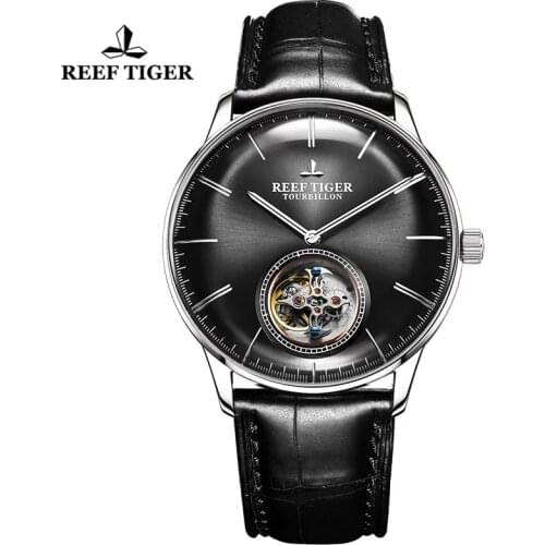 Reef Tiger/RT Hot Brand Luxury Top Real Tourbillon Mechanical Watch Genuine Leather Strap Automatic Men Watch reloj hombre