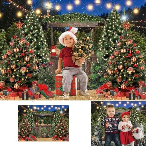 Merry Christmas Backdrop Winter Landscape Pine Tree Forest Farm Snowy Night Background Xmas Festival Holiday Party Decor Banner