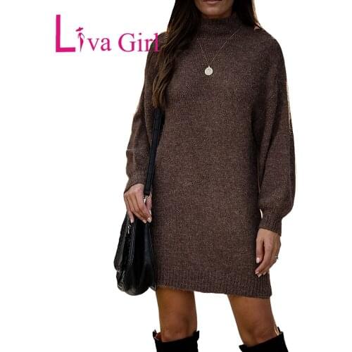 Liva Girl Woman Sexy Sweater Dress Mock Neck Lantern Sleeves Mini Dress Female 2021 Winter Waarm Turtleneck Casual Solid Dresses