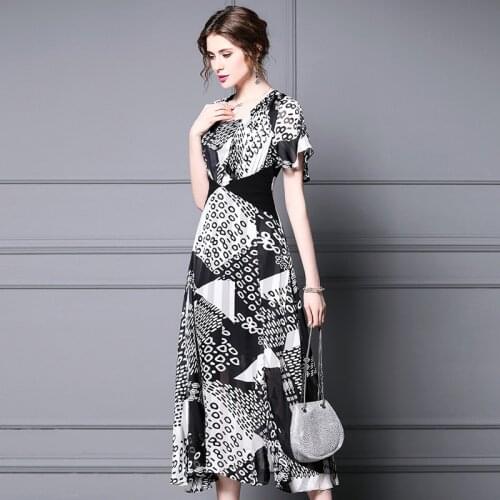 Grey Golden Chiffon Floral Dresses Women Fashion 2021 Summer Long Casual Sexy Office Work Daily Dress Plus Size Slim Fit A Line