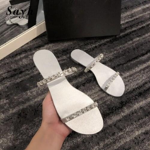 Fashion Brand Women Flats Summer Slippers Open Toe Shiny Crystal Rhinestones Sandals Mules Casual Shoes Flat Outdoor Slides