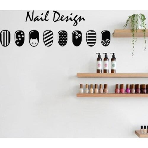 Nail Studio Wall Stickers Nails Salon Design Vinyl Decal Beautiful Nails Wall Decor Manicure Decals Cute Cat Flower Stripe