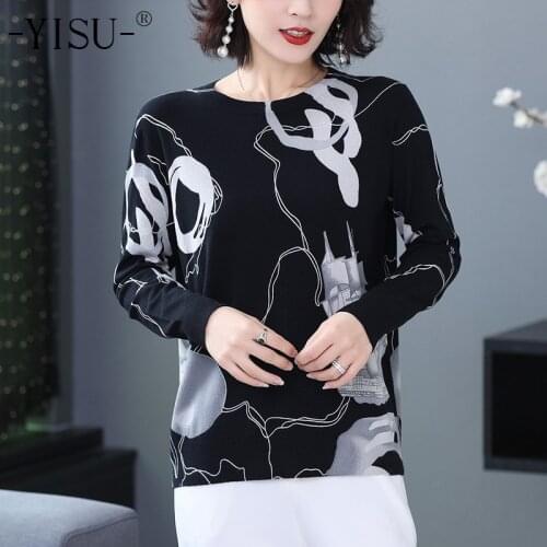 YISU Sweater Women 2019 Autumn Winter Simple printed pullover O neck Long sleeve Knitted sweaters Breathable warm sweater