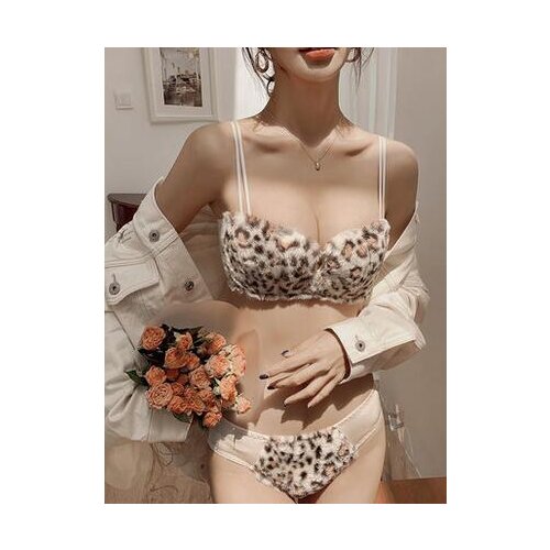 Warm and soft plush bra set Sexy leopard print gathered no steel ring underwear female small chest top-up winter bra set Japanes