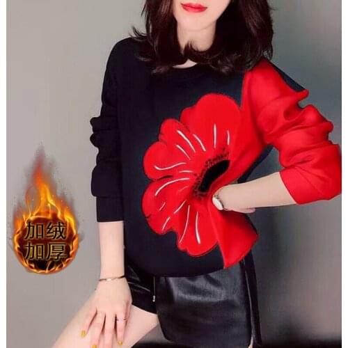 Sweatshirt Women Thick Long-Sleeved O-Neck Hoodie Patchwork Flowers Autumn Winter Warm Tops Ropa Mujer Plus Size Female Pullover
