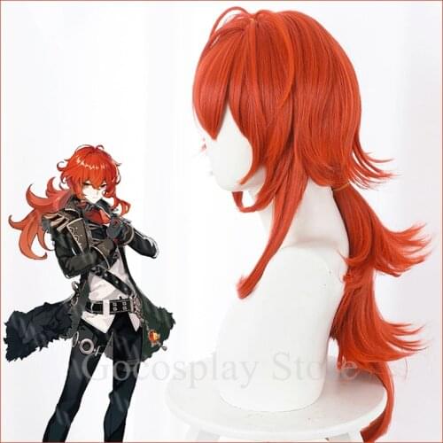 Genshin Impact Diluc Cosplay Wig Orange 60cm Long Curly Ponytail Heat Resistant Hair Adult Halloween Role Play