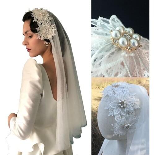 2 Tier Vintage Women Wedding Veil Lace Applique Pearl Rhinstones Flower Bridal Veils With Fixed Alligator Clips Hoop