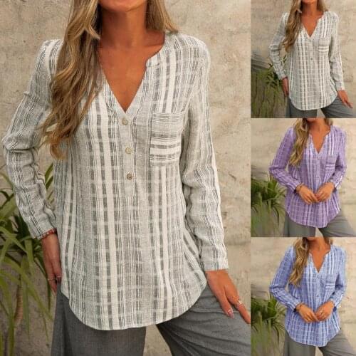 Spring/Autumn Women Casual Plaid Shirts Stripe V Neck Buttons Shirt Pocket Blouse Long Sleeve Blouse T-shirt Women 2021