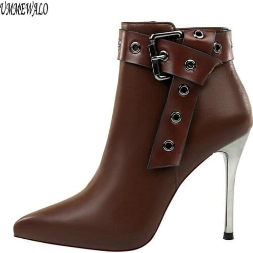 UMMEWALO Pointed Toe Sexy High Heels Ankle Length Boots Women Autumn Winter Buckle Design Ladies Shoes Boots