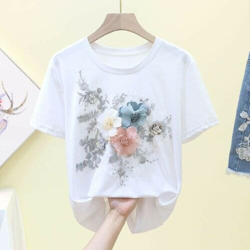 Summer Cotton T Shirts 2021 Korean Style Short Sleeve Cotton tshirt Female Round Neck Appliques Tees Lady Plus Size White Tops