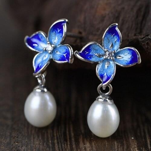 BOCAI new S925 silver woman stud earrings burnt blue enamel lotus flower vintage art 925 silver pearl earrings for women