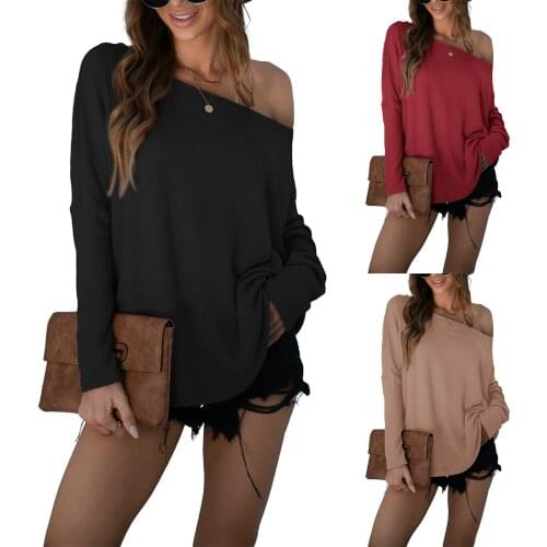 Women Off Shoulder Tops Solid Color Skew Collar Long Sleeve Sexy Casual T-Shirt Girls Beautiful Attractive Party Clothing