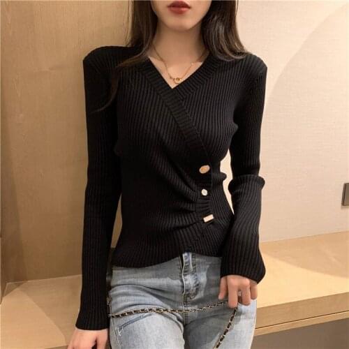 New Irregular Slim Knitted Sweater Women Autumn and Winter Fashion V-neck Chic Button Pullover Top Sweater 2021 Women Cardigans