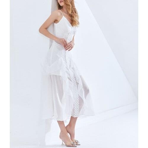 2021 spring and summer beach dress beach dress V-neck sexy super fairy lotus leaf travel halter dress