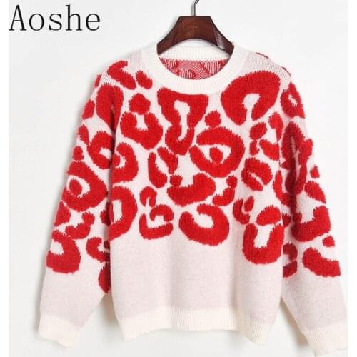 Womens Winter Coat Thick Warm Pull Over Sweater Lady Red Leopard Jacquard Pullover Female Jumpers Sueter Mujer