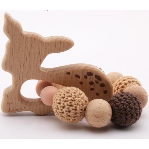 1pc Wooden Teether Aniaml Sika Deer DIY Crafts Baby Bracelet Rattles Beech Wood Rodent Crochet Beads Gifts For Kids Products Toy