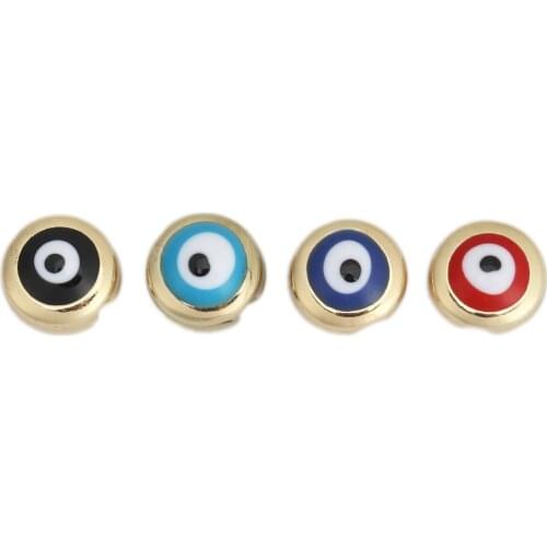 10 PCs Enamel Evil Eye Pattern Round Spacer Beads Zinc Based Alloy Round Beads Gold Color About 8mm Dia. For DIY Jewelry Making