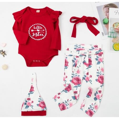 2021 Cotton Baby Girl Clothes Bodysuits+Flower Pants+Hat+Hairband 4Pcs Set Newborn Infant Clothing Suit Autumn Baby Girl Rompers